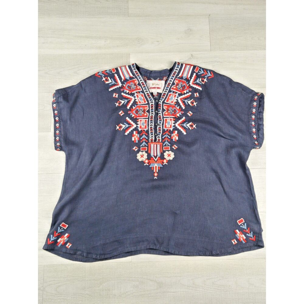 Johnny Was BIYA Linen Tunic Top Medium Southwestern Tribal Embroidered Blouse